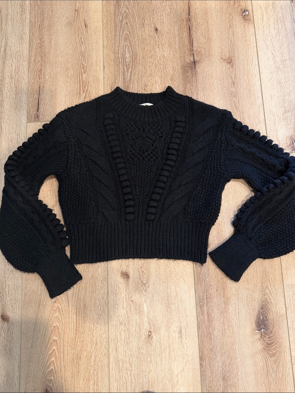 Anthropologie | Black Cable-Knit Cropped Crewneck Sweater | size XS